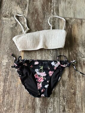 2 for $20 sale: Victoria’s Secret Bikini black floral bottoms ivory bandeau top